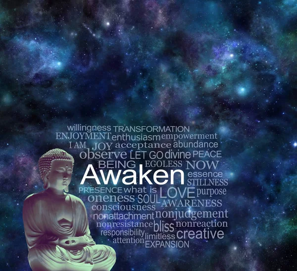 Mindfulness Awaken Meditatie Concept Lotus Positie Boeddha Naast Een Woord — Stockfoto