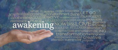 Spiritual Awakening Word Tag Cloud - male hand with the word AWAKENING floating above surrounded by a muted gold word cloud on a rustic blue background  clipart