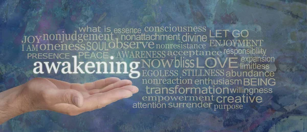 Spiritual Awakening Word Tag Cloud Мужская Рука Словом Awakening Плывущим — стоковое фото