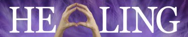 Light Touch Hands on healing concept banner - female hands making the A of HEALING against a wide purple banner of delicate feathers clipart