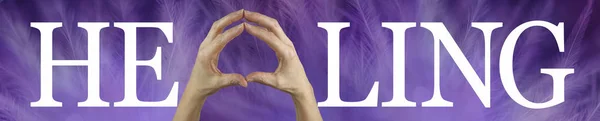 轻触手愈合概念横幅 女性手使治疗A对细腻羽毛的紫色横幅 — 图库照片