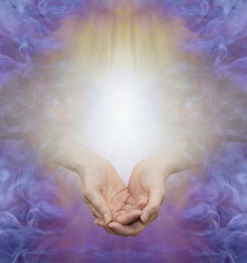 Sending You Unconditional Love Healing Energy -  cupped female hands emerging from golden energy field surrounded by a purple border with copy space above 
