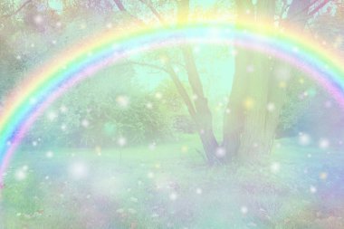 Beautiful rainbow woodland background - bright arcing rainbow spanning across an orb  hazy tree landscape ideal for hiding eggs for Easter with copy space          clipart