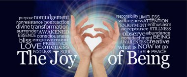 The Joy of Being word cloud - pair of female hands making a heart shape against a white rotating vortex surround by words relevant to the Joy of Being spiritual concept clipart