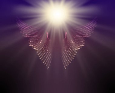 Your Guardian Angel'ın Yol Gösterici Işığı - kopya alanı olan koyu mavi kahverengi arka plan üzerinde bir çift parlak melek kanadıüzerinde gezinen parlak beyaz ışık 
