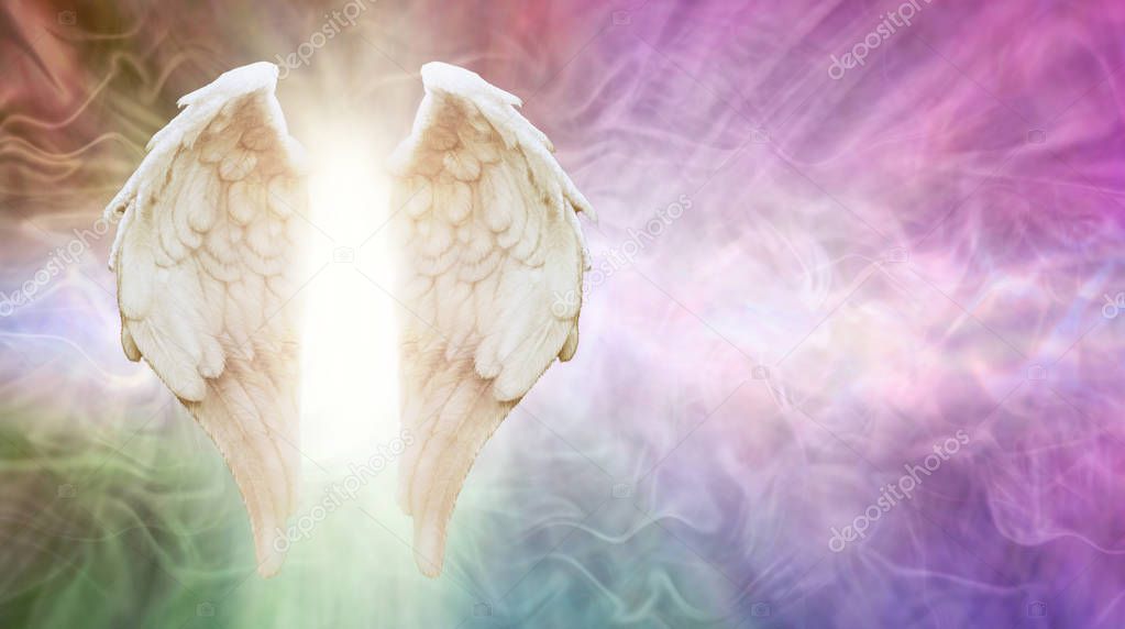 Ask Your Angels Message Background - beautiful Angel wings with white light between against a flowing multicoloured energy formation background with copy space