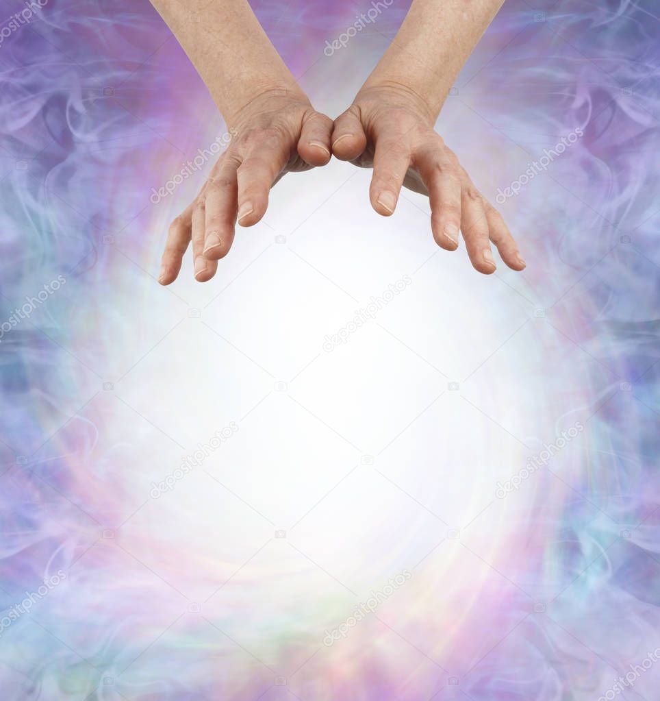 Energy Healers Message Background - female hands floating over a large spiraling ball of white energy providing space for your message