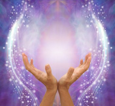 Sending you beautiful gentle healing energy - female open hands facing up against a purple lilace bokeh background with copy space and sparkles raining down either side  clipart