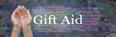 Hediye yardım Charity farkındalık Word Cloud Banner-kadın, rustik bir modern soyut arka plana karşı bir kelime etiketi bulutu ile çevrili yanında hediye yardım kelimeleri ile el kaptı