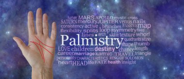 Mistik palmiye okuma Word Tag Cloud Background-bir ruhani kozmik koyu derin uzay gökyüzü arka plana karşı bir Palmistry kelime bulutu yanında diagramatic kırmızı çizgiler ile kadın açık palmiye