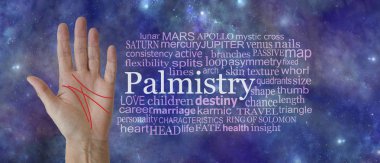 Mystical Palm Reading Word Tag Cloud Background - female open palm with diagramatic red lines beside a PALMISTRY word cloud against an ethereal cosmic dark deep space sky background clipart