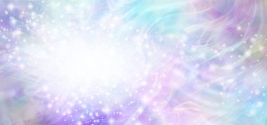 Güzel mavi pembe ruhani özel duyuru arka plan Banner-yumuşak Blur beyaz oval kopya ve etrafında dönen ışıltılı ve Glitter parkurları için sol ile çok renkli afiş