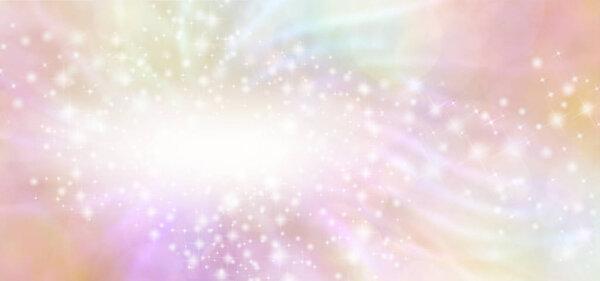Flowing peach ethereal special announcement background banner - multicoloured feminine banner with a soft blur white oval on left for copy and trails of sparkles and glitter rotating around
