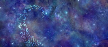 Vortexing Cosmic Numbers Numerology Background Banner - a swirl of semi-transparent random numbers spiraling out in space on a wide deep space night sky background with space for copy                            clipart