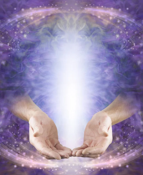 Faith Healer Message Board - male hands in open giving position with shaft of white light above on a pink purple ethereal energy flowing sparkling background with copy space