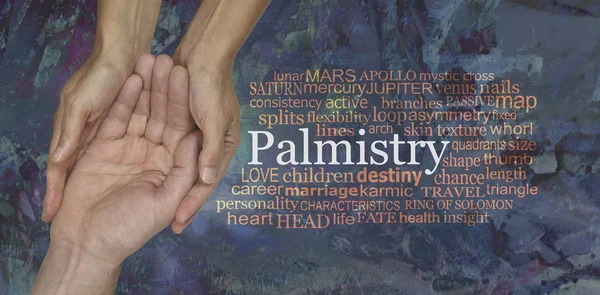 Aspects Palmistry Word Tag Cloud Рука Женщины Palm Reader Обнимающая — стоковое фото