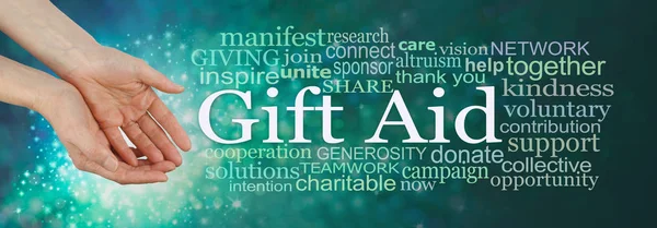 Que Você Pode Gift Aid Campaign Word Cloud Mãos Femininas — Fotografia de Stock