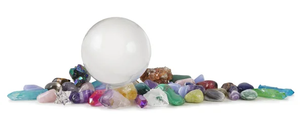 Multicoloured Healing Crystals Background Banner Huge Clear Crystal Ball Surrounded — Stock Photo, Image