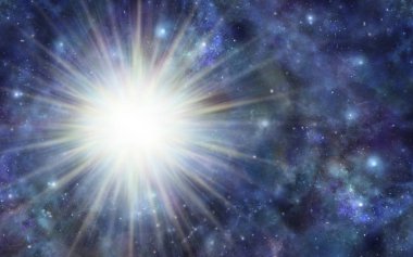 Büyük Deep Space Energy Orb - sol tarafta beyaz ışık büyük bir patlama ve kopya alanı bol koyu mavi dış uzay arka plan
