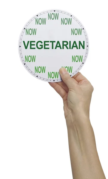Hora Tornar Vegetariano Agora Fêmea Segurando Relógio Onde Agora Substitui — Fotografia de Stock