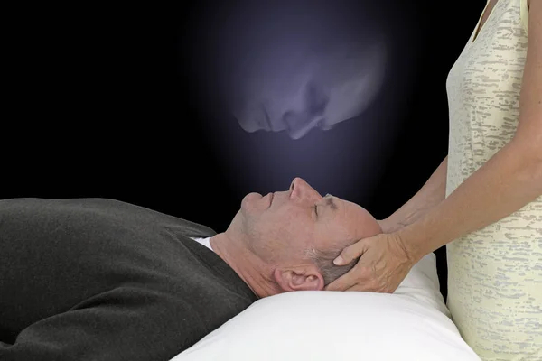 Högre Self Healing Session Kvinnlig Healing Utövare Ger Böjningsform Manliga — Stockfoto