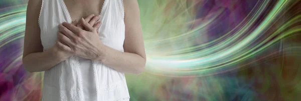 Blessed Wiccan Crone Background Mature Female Wearing White Hands Held — Stock Photo, Image