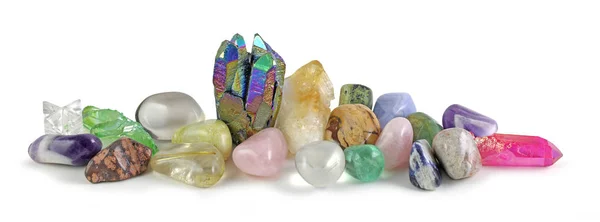 Row Multicoloured Healing Crystals Background Banner Rainbow Aura Quartz Citrine — Stock Photo, Image
