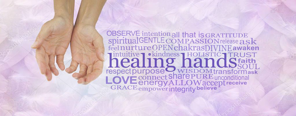 Gentle Healers Hands Word Cloud - Female hands cupped and offering beside relevant word cloud on a light lilac feather background
