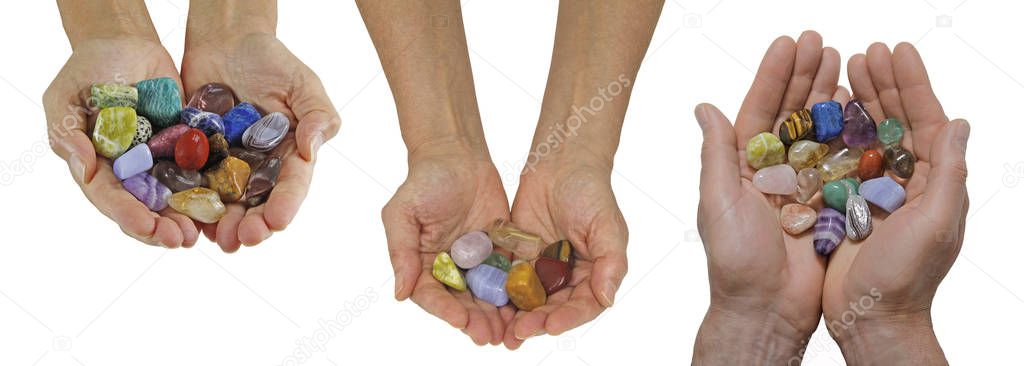 Crystal Healer holding selection of tumbled healing crystals - three different styles of cupped hands filled with various multicoloured stones isolated on white background for easy cut out