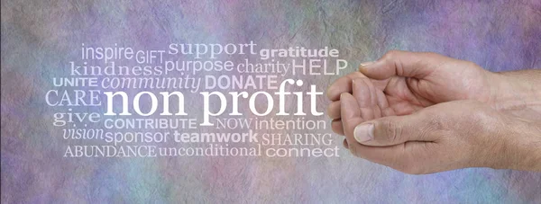 Profit Word Cloud Male Cupped Hands Right Non Profit Word — Stock Photo, Image