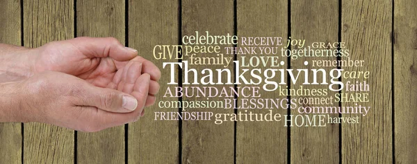 Generosity Thanksgiving Word Cloud Male Cupped Hands Thanksgiving Word Cloud — 스톡 사진