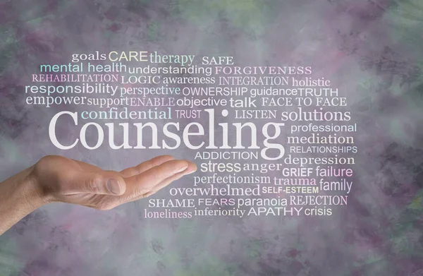 Mužské Poradenství Word Tag Cloud Muž Otevřenou Dlaní Slovem Counseling — Stock fotografie