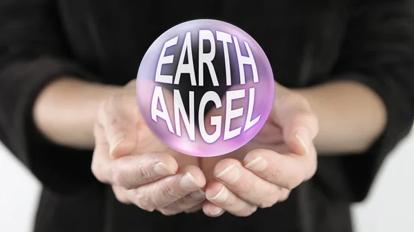 Thank you to a Wonderful Earth Angel - female cupped hands with a transparent pink bubble floating above containing the words EARTH ANGEL