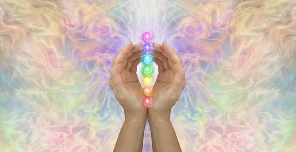 Sacred Chakras Healing Banner Concept Female Cupped Hands Seven Chakra Royalty Free Stock Images