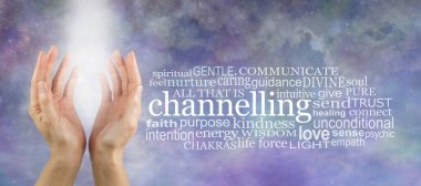 Channelling healing White Light Word Cloud - female cupped hands with shaft of white light between beside a channelling word cloud against a celestial sky background clipart