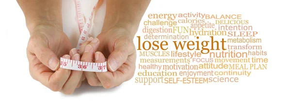 Words Associated Losing Weight Tag Cloud Female Hand Holding Measuring — Stock Photo, Image