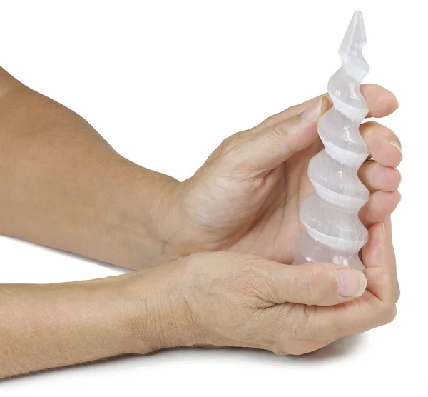 Holding Selenite Spiral Wand Female Hands Holding Beautiful Carved Selenite — Stock Photo, Image