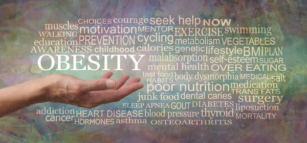 Obesity Word Tag Cloud Női Nyitott Tenyér Kéz Szó Elhízás — Stock Fotó