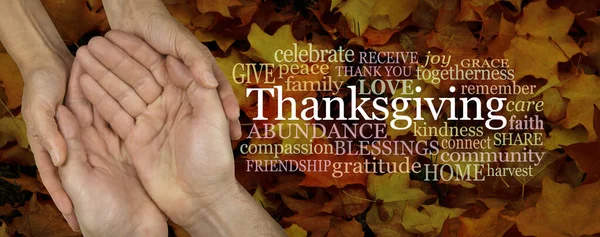 Words associated with Sharing at Thanks giving - female hands cupped around male cupped hands beside a THANKSGIVING word cloud against a rustic grunge Autumn leaf background