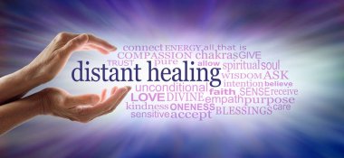 Light worker sending high frequency distant healing word cloud concept - cupped hands with white light between and a DISTANT HEALING word cloud against an outward streaming blue energy field  clipart