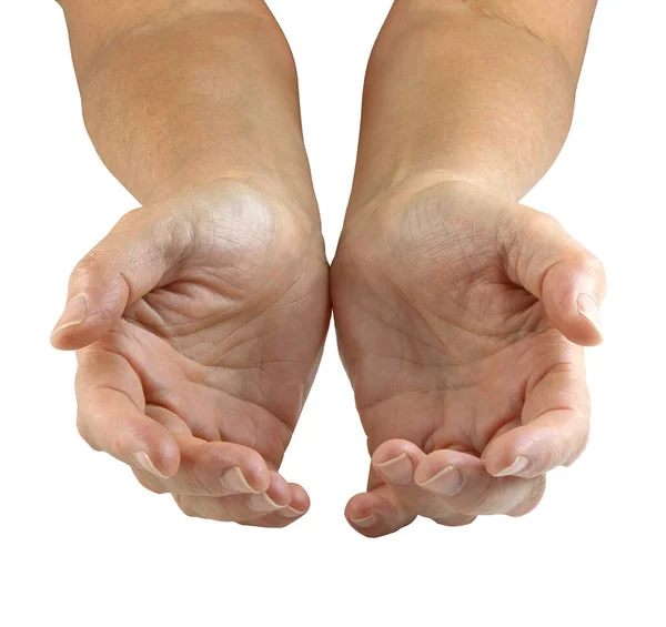 Female Healer Cupped Handen Geïsoleerd Witte Achtergrond Volwassen Vrouwelijke Zachtjes — Stockfoto