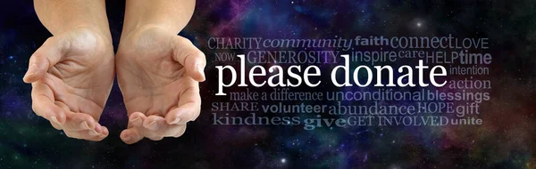 Please Donate Our Cause Word Cloud Female Cupped Hands Holding — Stock Photo, Image