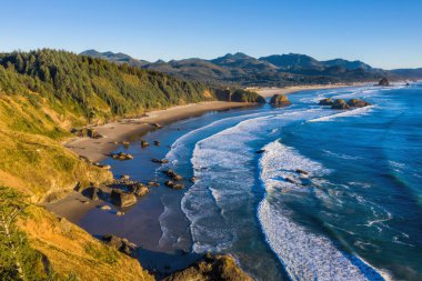 Ecola Eyalet Parkı 'ndan Oregon sahilinin hava görüntüsü yaz sonlarında çekildi.