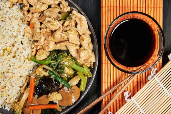 Chinese Food Served Gray Plate Soy Sauce Chopsticks Orange Tablecloth — Stock Photo, Image