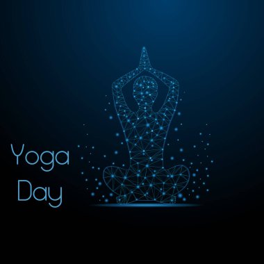 Low Poly Yoga Mudra. Yoga, Budizm veya Hinduizm 'in Parlayan Koyu Mavi Arkaplan Konsepti' nde geleneksel bir semboldür. Ayinsel Kızılderili selamlaması. Çizgiler, Üçgenler ve Parçacıklardan Modern Gelecekçi Vektör İllüstrasyonu