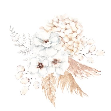 Elle çizilmiş suluboya buket Kremsi çiçekler ve yapraklar, zarif çiçek elementleri, beyaz arka planda izole edilmiş.
