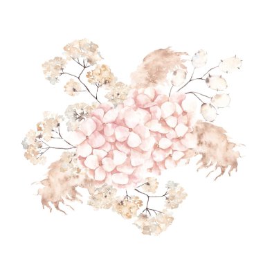 Elle çizilmiş suluboya buket Kremsi çiçekler ve yapraklar, zarif çiçek elementleri, beyaz arka planda izole edilmiş.