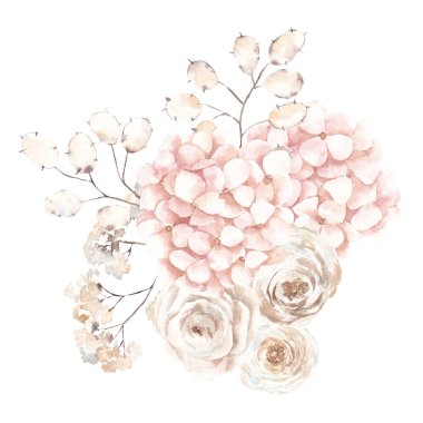 Elle çizilmiş suluboya buket Kremsi çiçekler ve yapraklar, zarif çiçek elementleri, beyaz arka planda izole edilmiş.