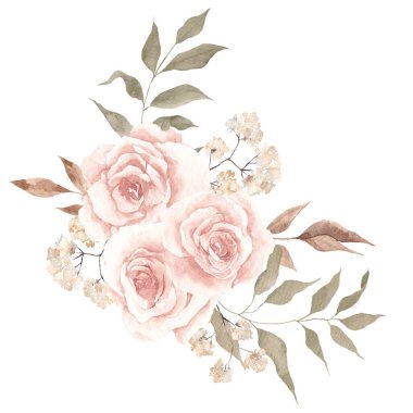 Elle çizilmiş suluboya buket Kremsi çiçekler ve yapraklar, zarif çiçek elementleri, beyaz arka planda izole edilmiş.