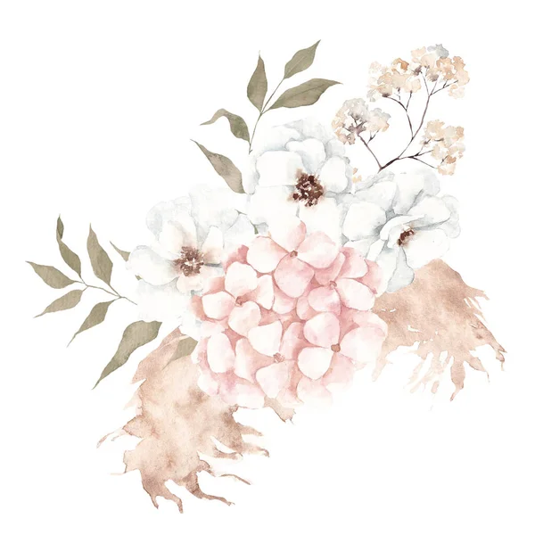 Elle Çizilmiş Suluboya Buket Kremsi Çiçekler Yapraklar Zarif Çiçek Elementleri — Stok fotoğraf